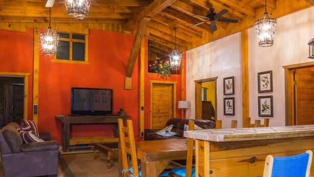 Une pièce chaleureuse avec un plafond en bois, un téléviseur posé sur un meuble en bois, un canapé, une table à manger avec des chaises et, au mur, des reproductions encadrées de gravures botaniques.