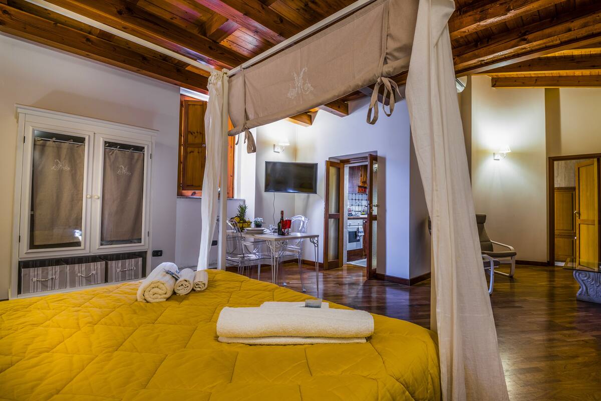 Een kamer met een bed, een eethoek en een televisie.