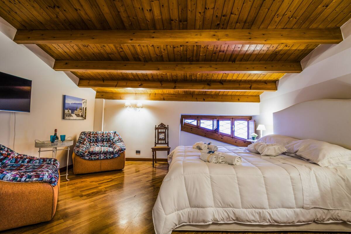 Een slaapkamer met een houten plafond, een groot bed, een bank, een televisie en een raam.