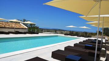 Seasonal outdoor pool, pool umbrellas, sun loungers
