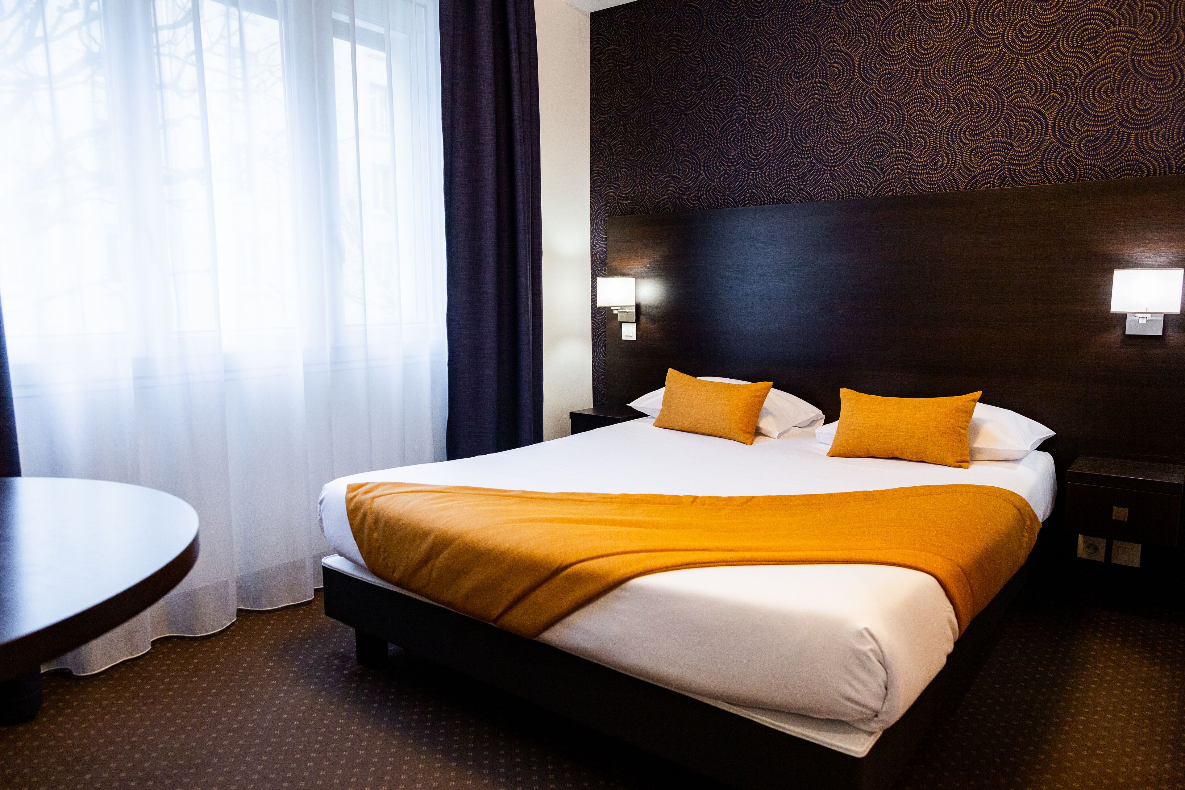 premium bedding, desk, blackout curtains, iron/ironing board