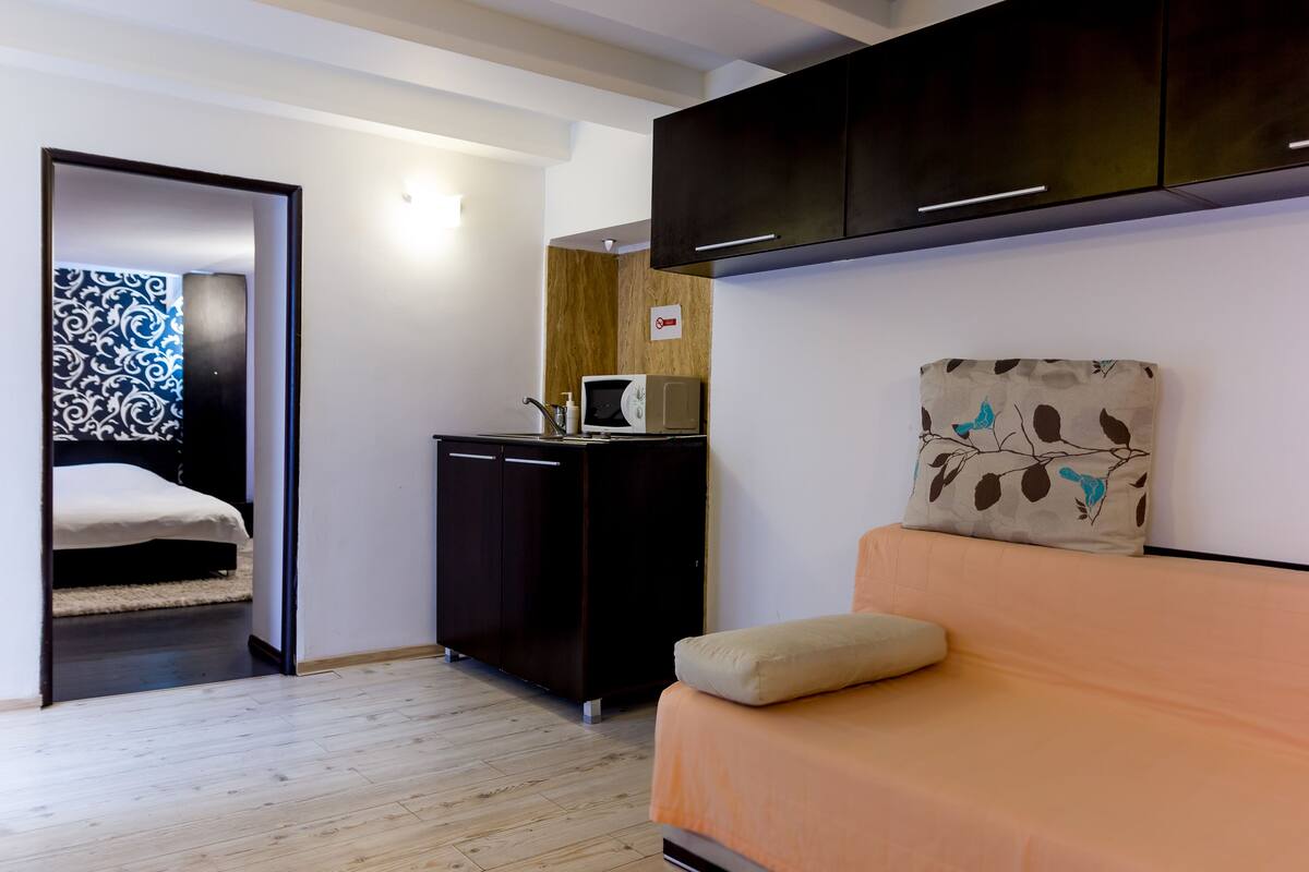 A compact room with a bed, a small kitchenette, and a sofa.