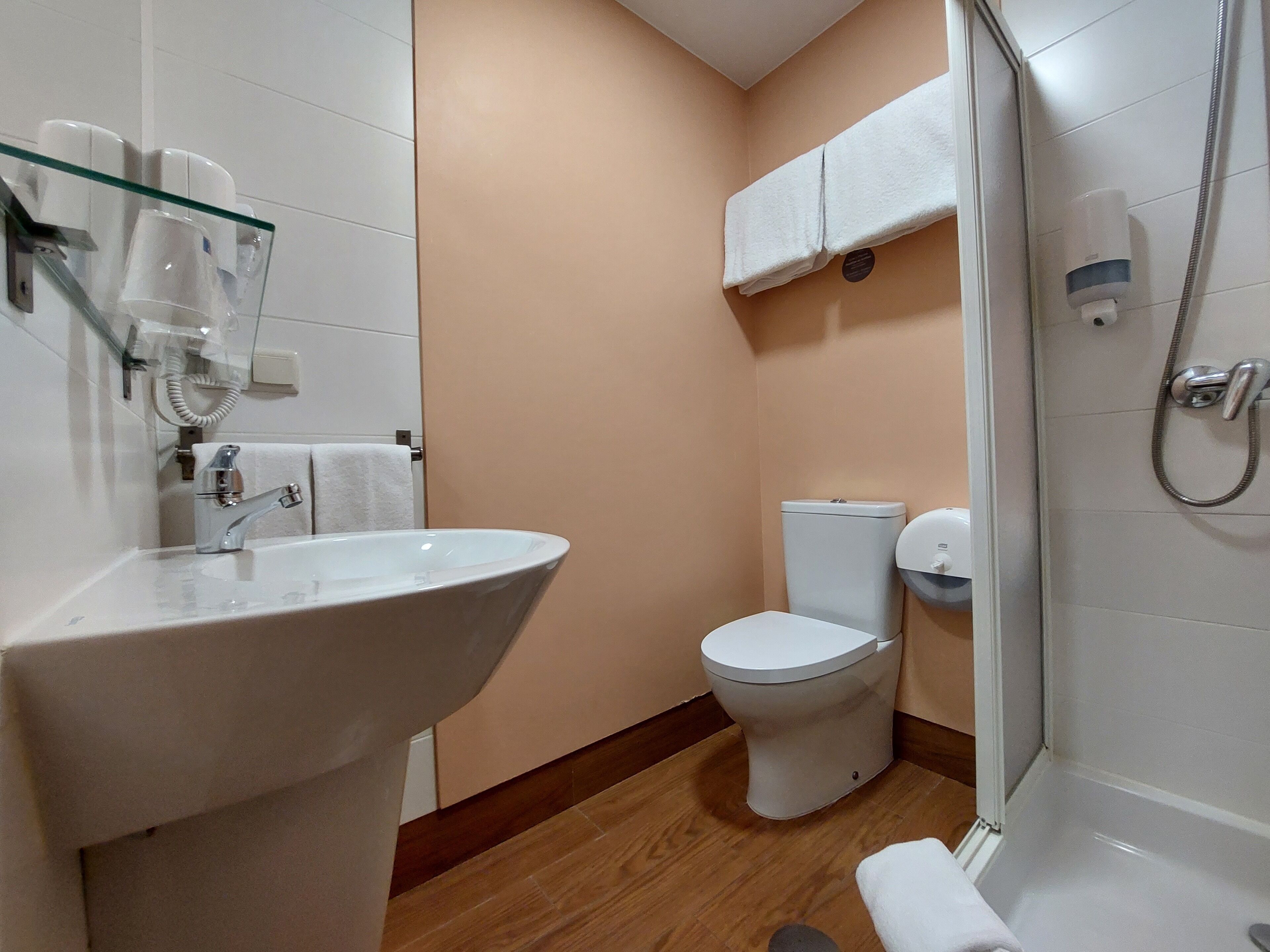 hair dryer, towels, soap, shampoo