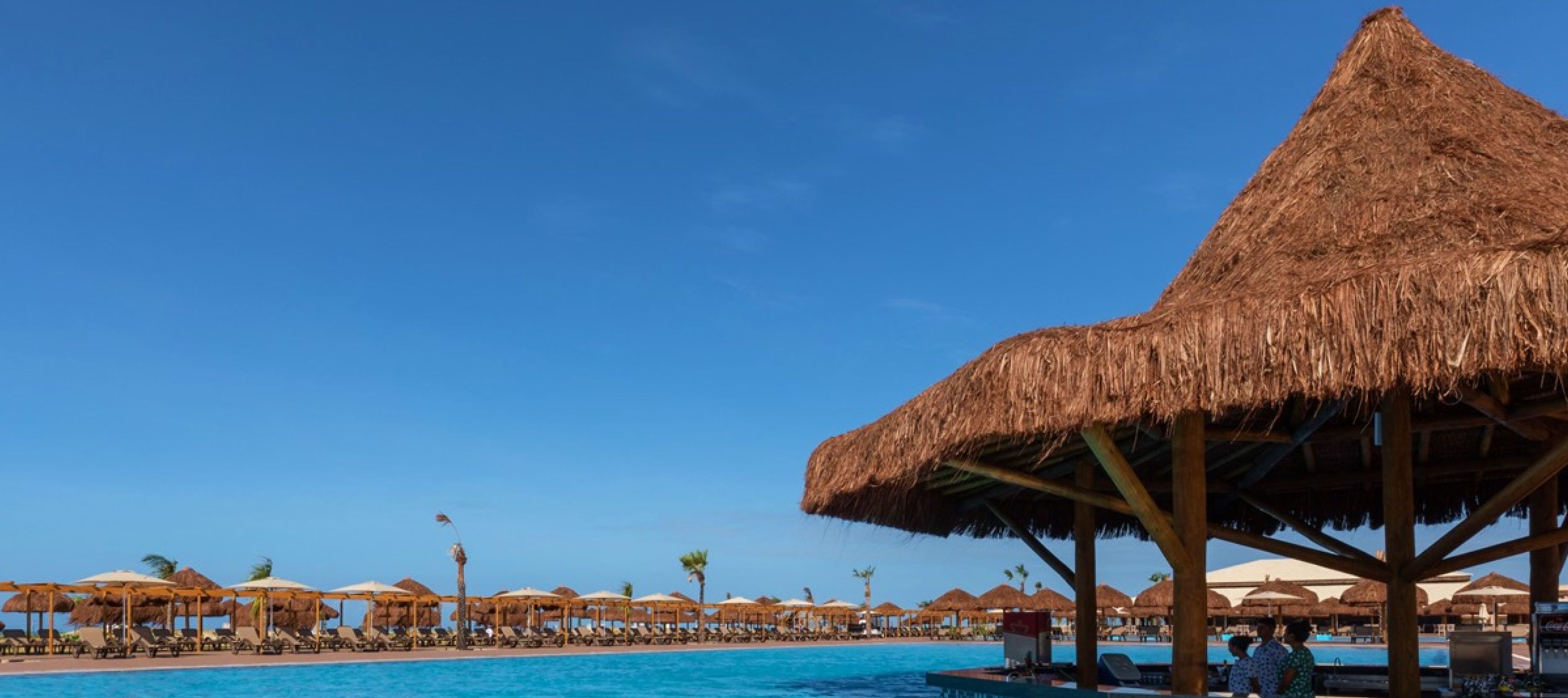 Un espace aménagé au bord de la piscine, avec des parasols en chaume et des chaises longues, un ciel d’un bleu limpide et une mer calme en arrière-plan.