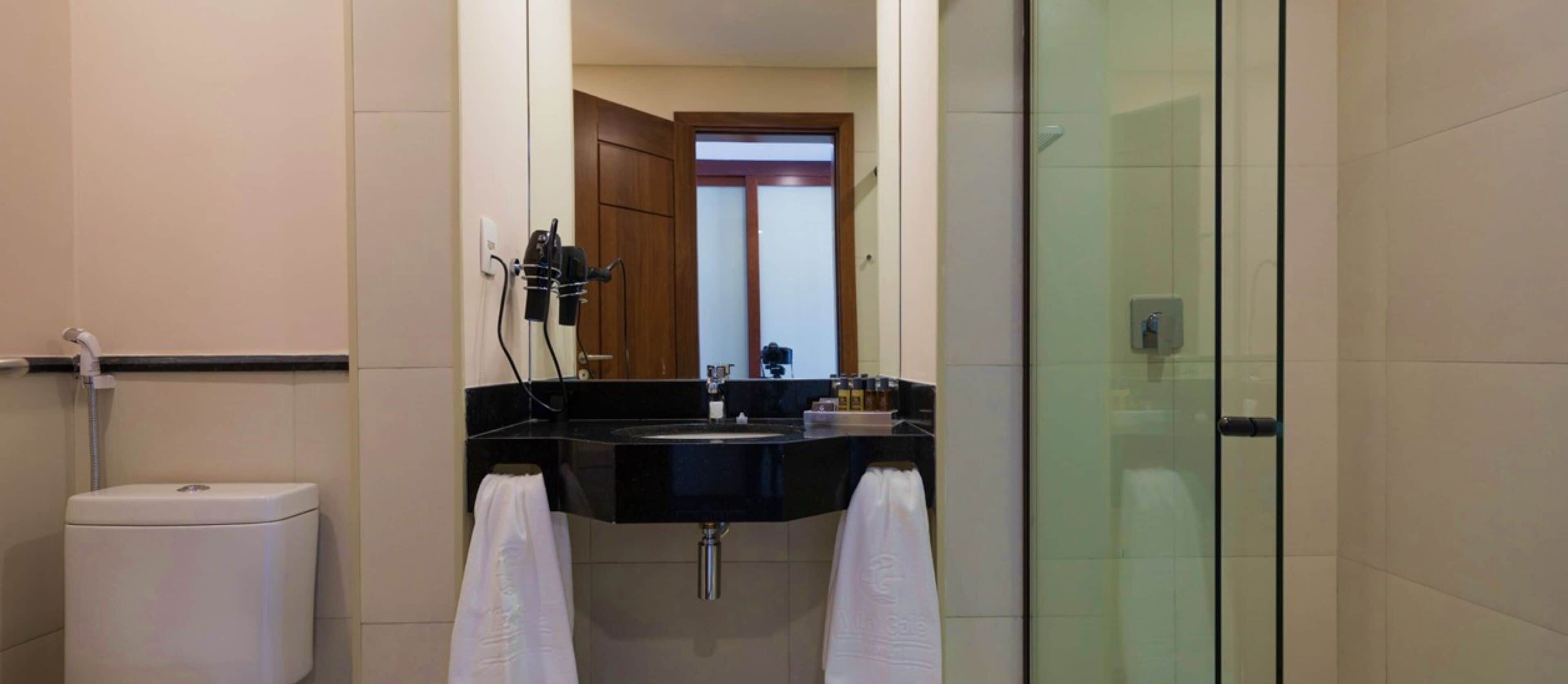 A modern bathroom with a black sink, a toilet, and a glass shower enclosure.