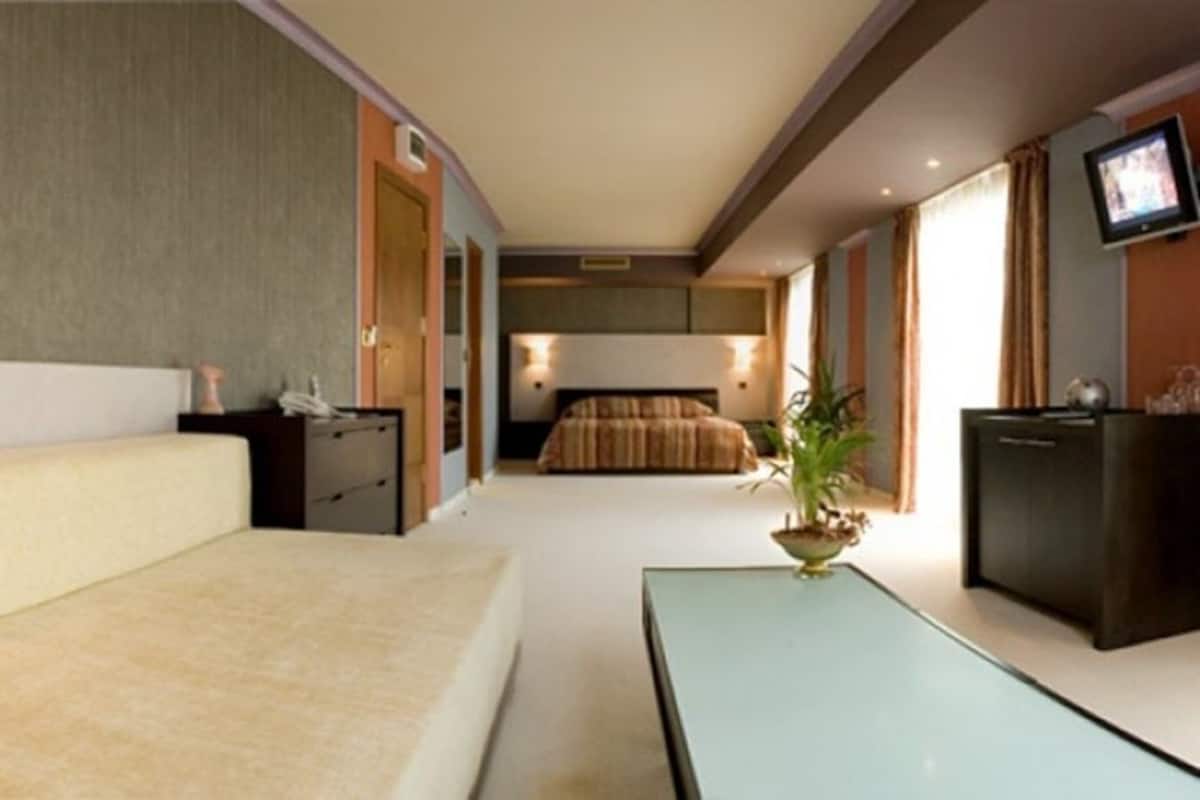 A hotel room with a sofa, a small table with a vase, a bed, a television, and a desk.