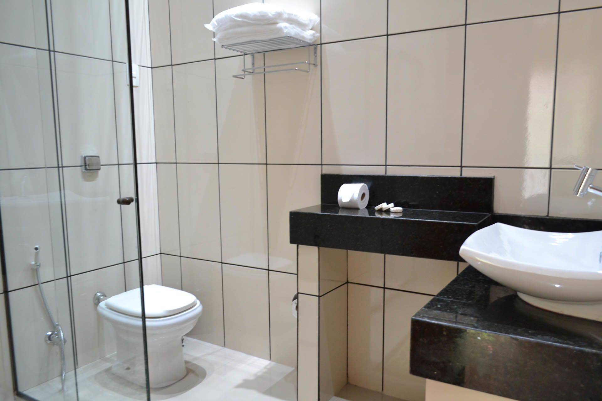 A modern bathroom with a glass shower enclosure, a white toilet, a black countertop with a sink, and a towel rack above the toilet.