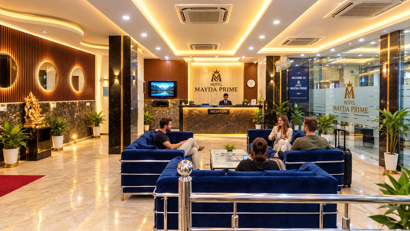 A hotel reception area with a reception desk, seating, and a television.