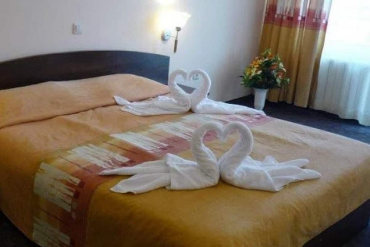 A hotel room with a neatly made bed, two wall-mounted lamps, a small bedside table, and a potted plant.