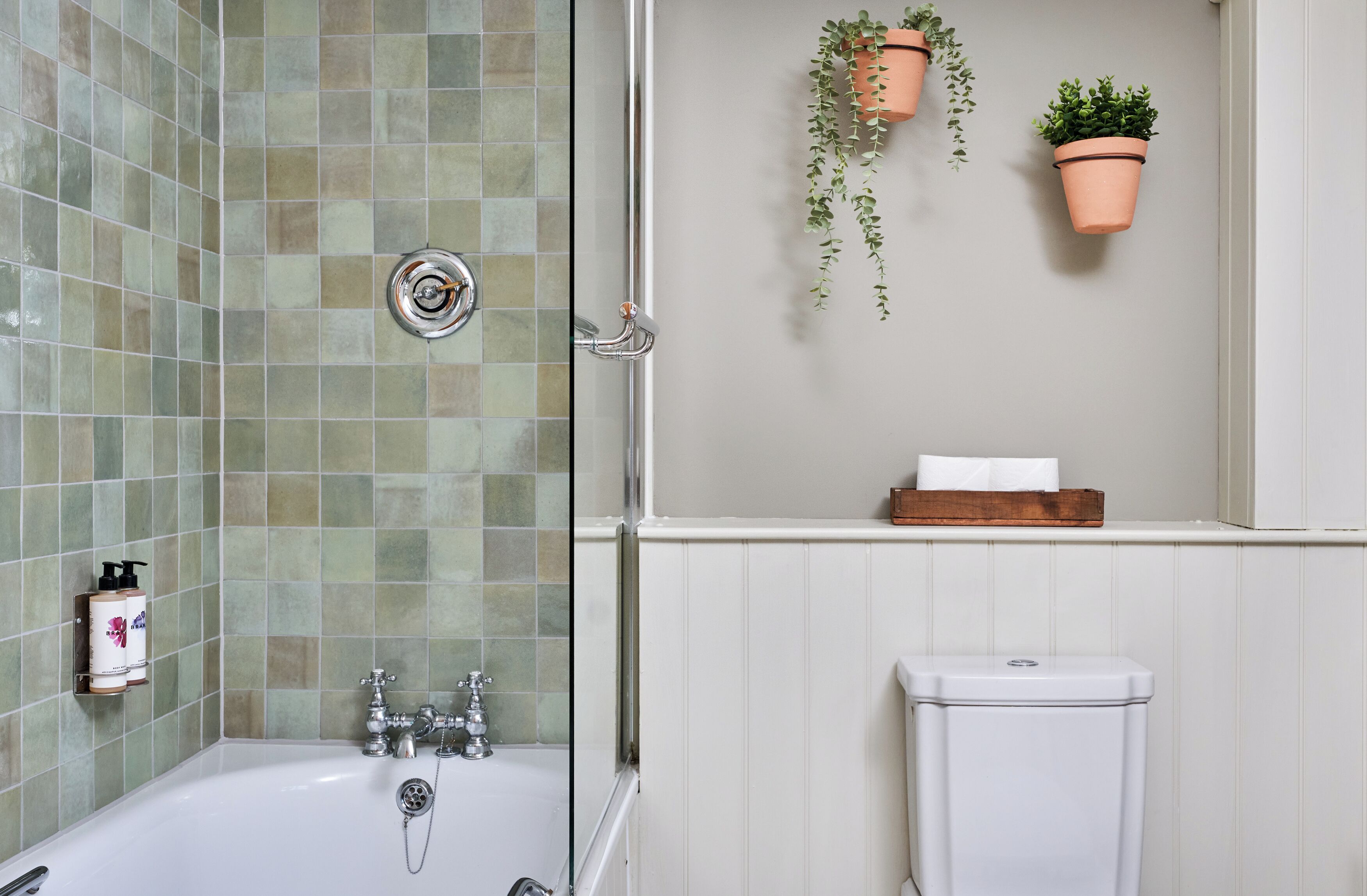 A bathroom with a bathtub, a toilet, and two potted plants on the wall.