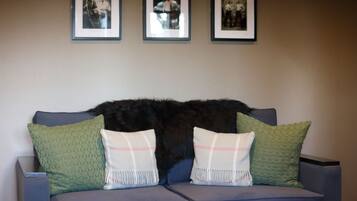 A grey sofa with two green and two white pillows, a dark fur throw, and three framed pictures on the wall.