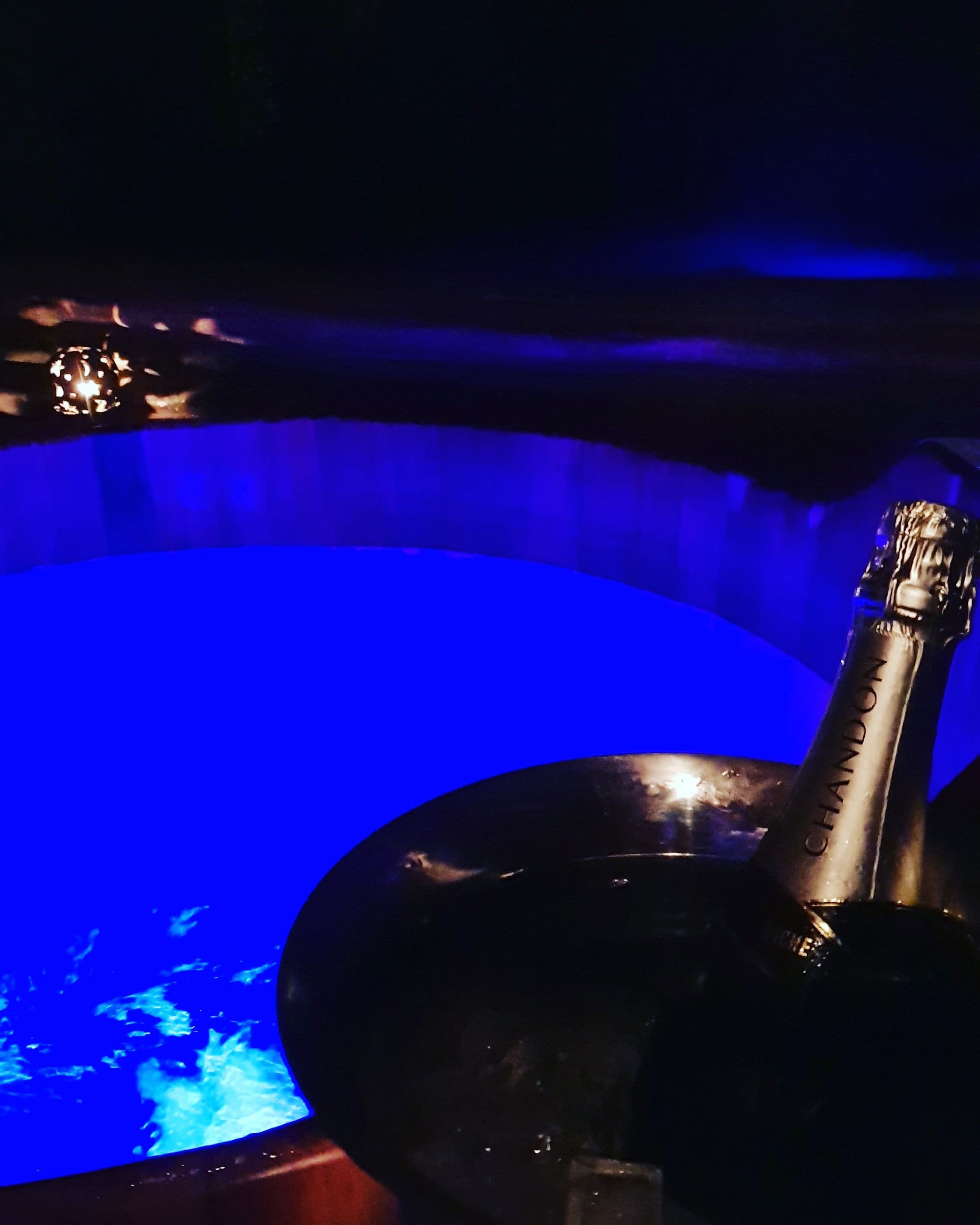 A bottle of champagne in a glass with a blue-lit background.