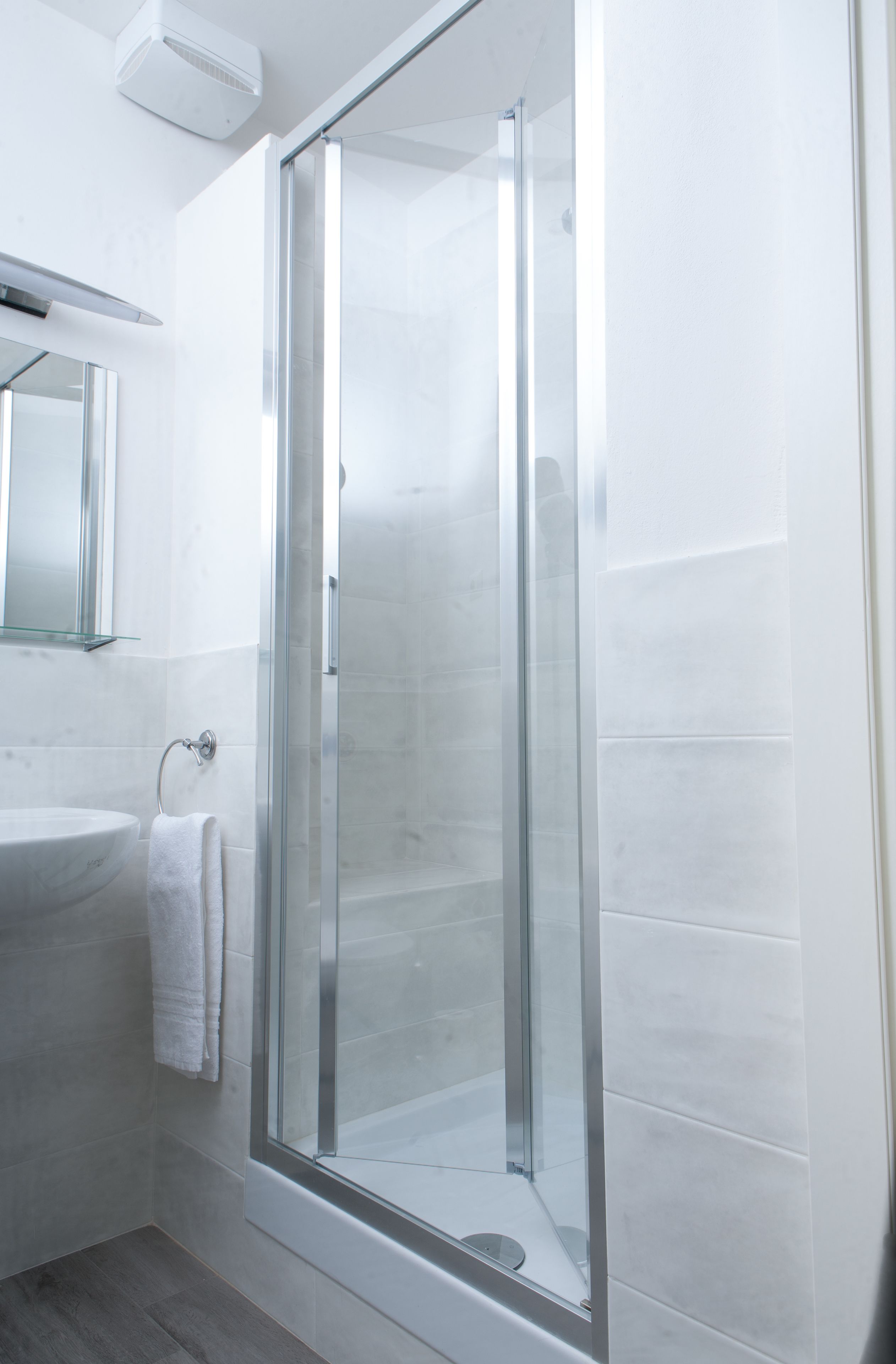 A modern bathroom with a glass-enclosed shower, a white sink, and a mirror above the sink.