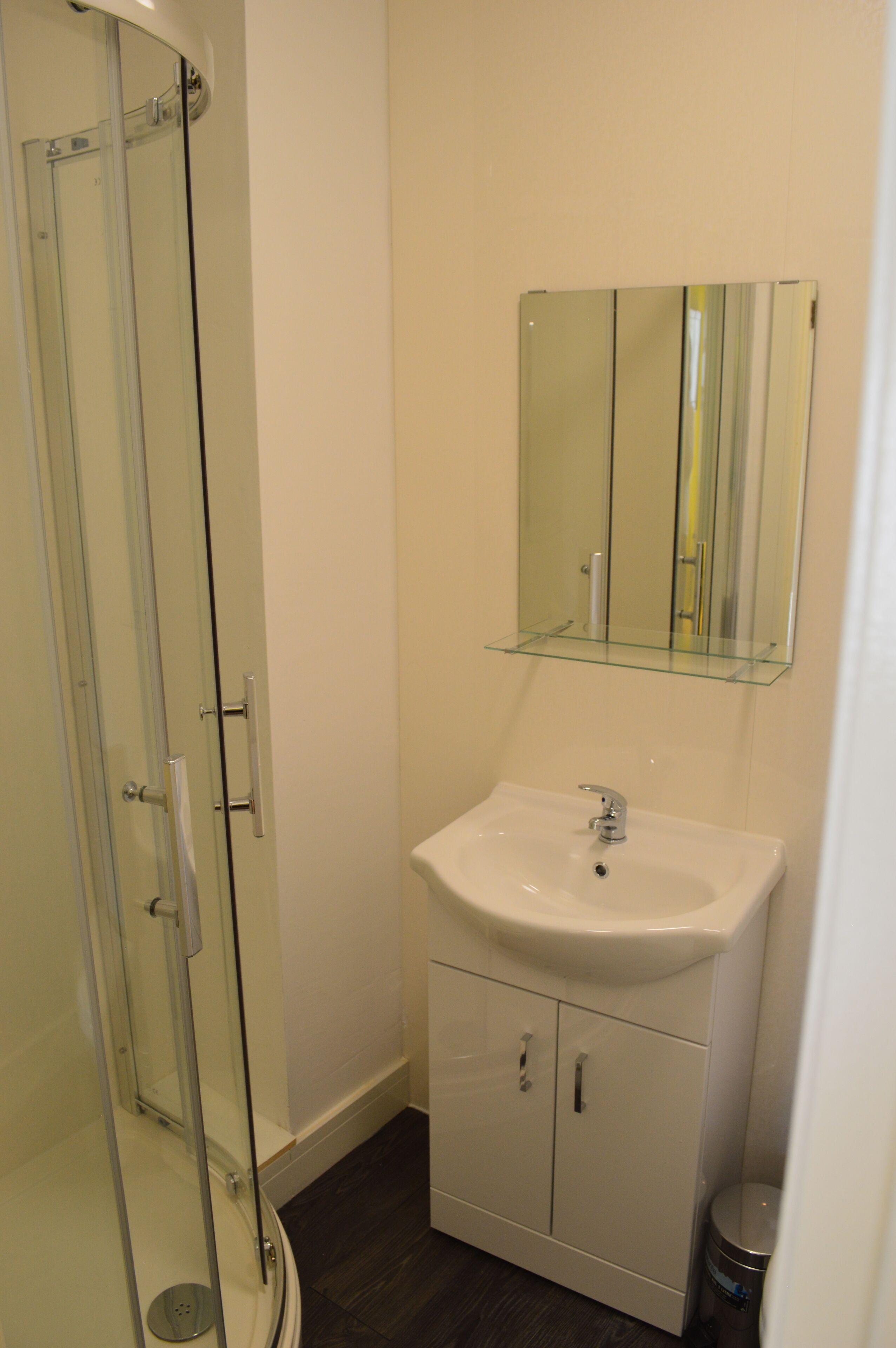 A bathroom with a glass shower enclosure, a white sink, and a mirror above the sink.