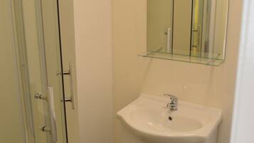 A bathroom with a glass shower enclosure, a white sink, and a mirror above the sink.