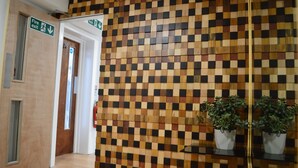 A hallway with a checkered wall, a fire exit sign, and a potted plant. - The Bell Gate House (Leicester)