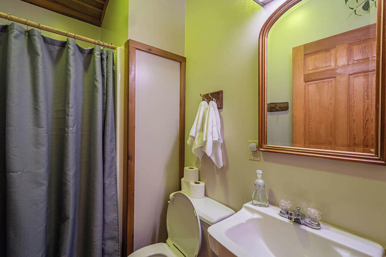 Un baño con cortina de ducha, inodoro, lavabo y puerta de madera.