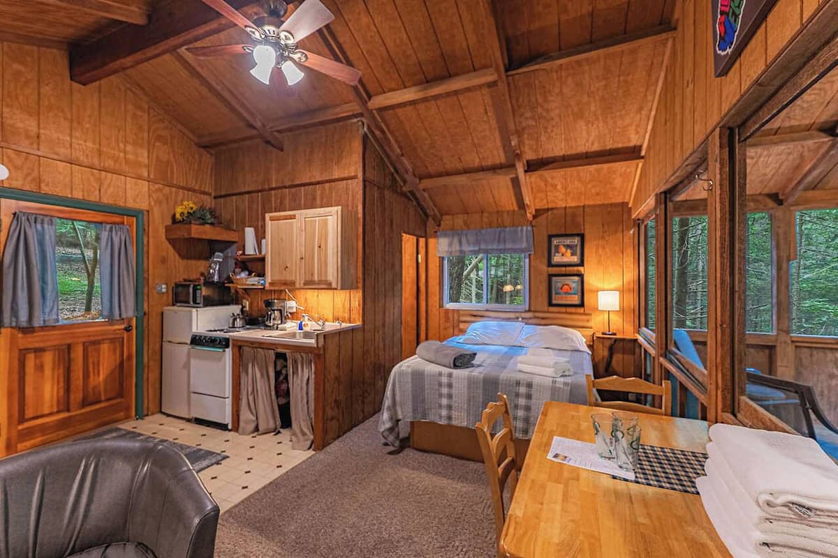 A cozy cabin with a kitchen, a dining area, and a bedroom.