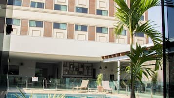 Outdoor pool, pool umbrellas, pool loungers