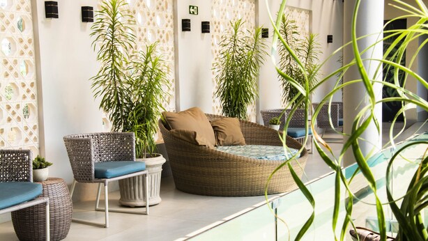 A lounge area with wicker furniture, potted plants, and a glass partition. - Golden Plaza Hotel by Easy Class (Porto Velho)