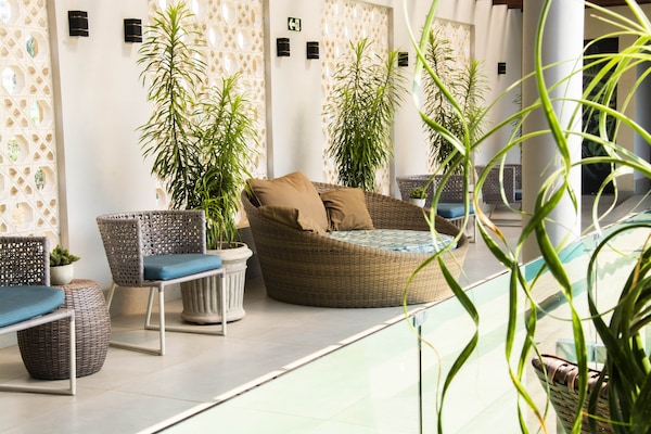 Outdoor pool, pool umbrellas, pool loungers