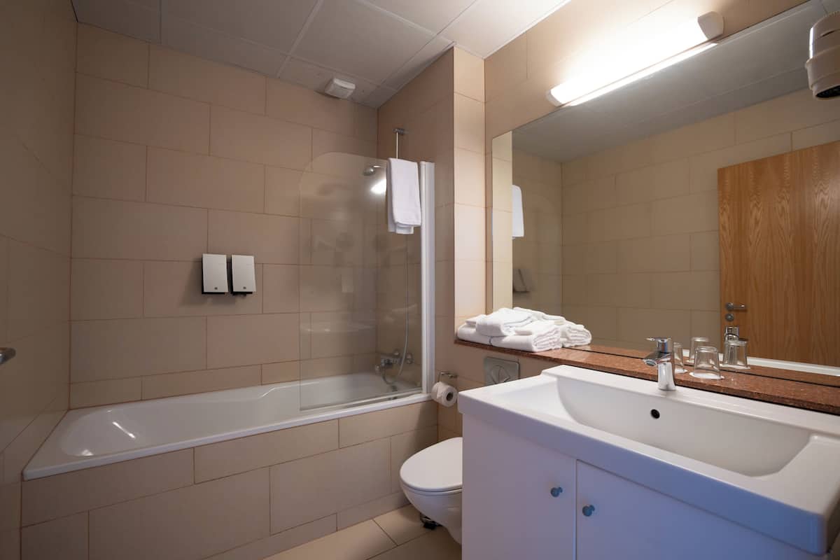 free toiletries, hair dryer, towels