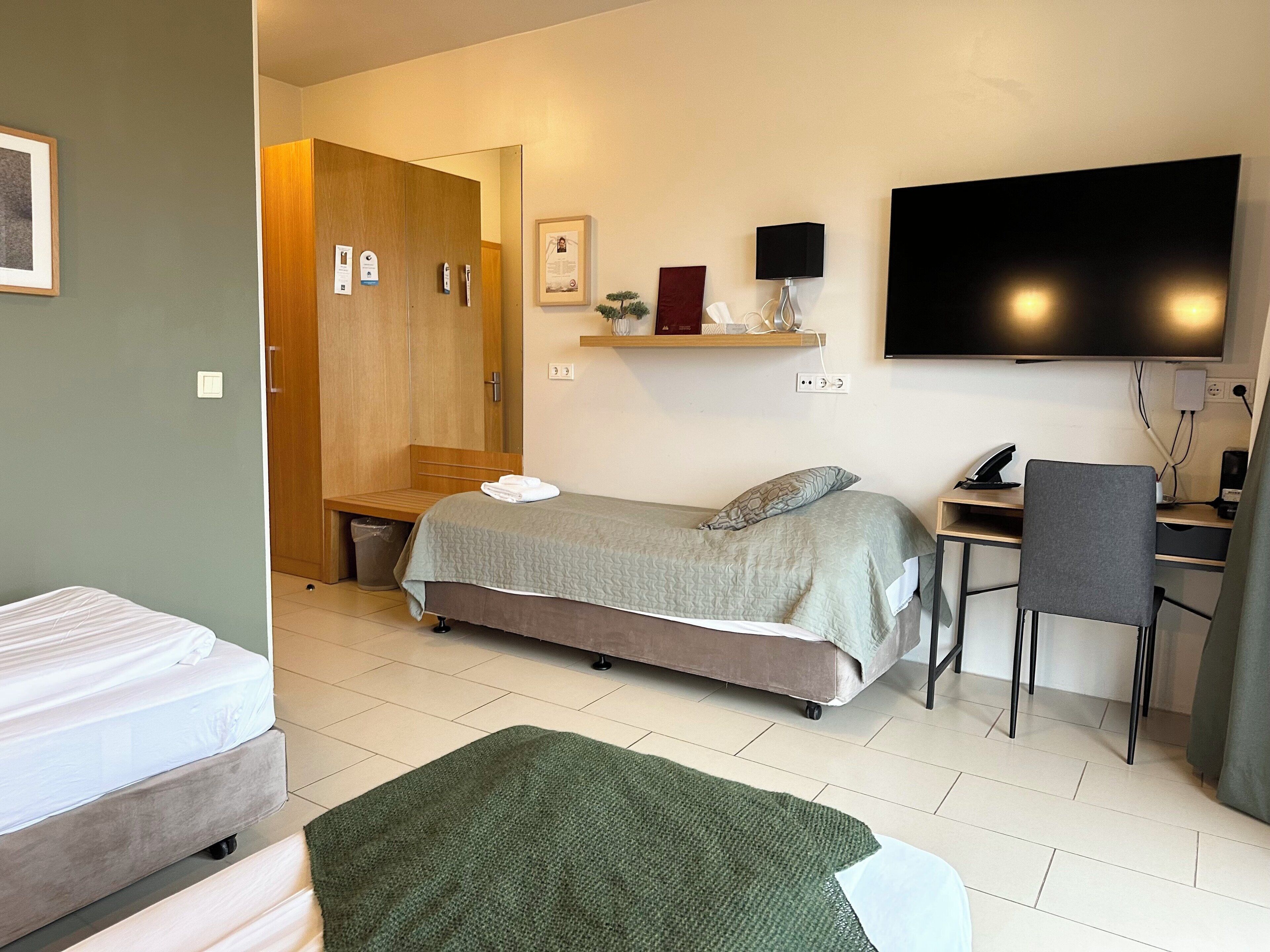 Una habitación de hotel con cama, escritorio, silla, televisión y armario.