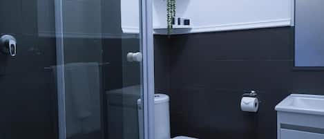 A modern bathroom with a glass shower enclosure, a white toilet, and a small shelf with a plant.