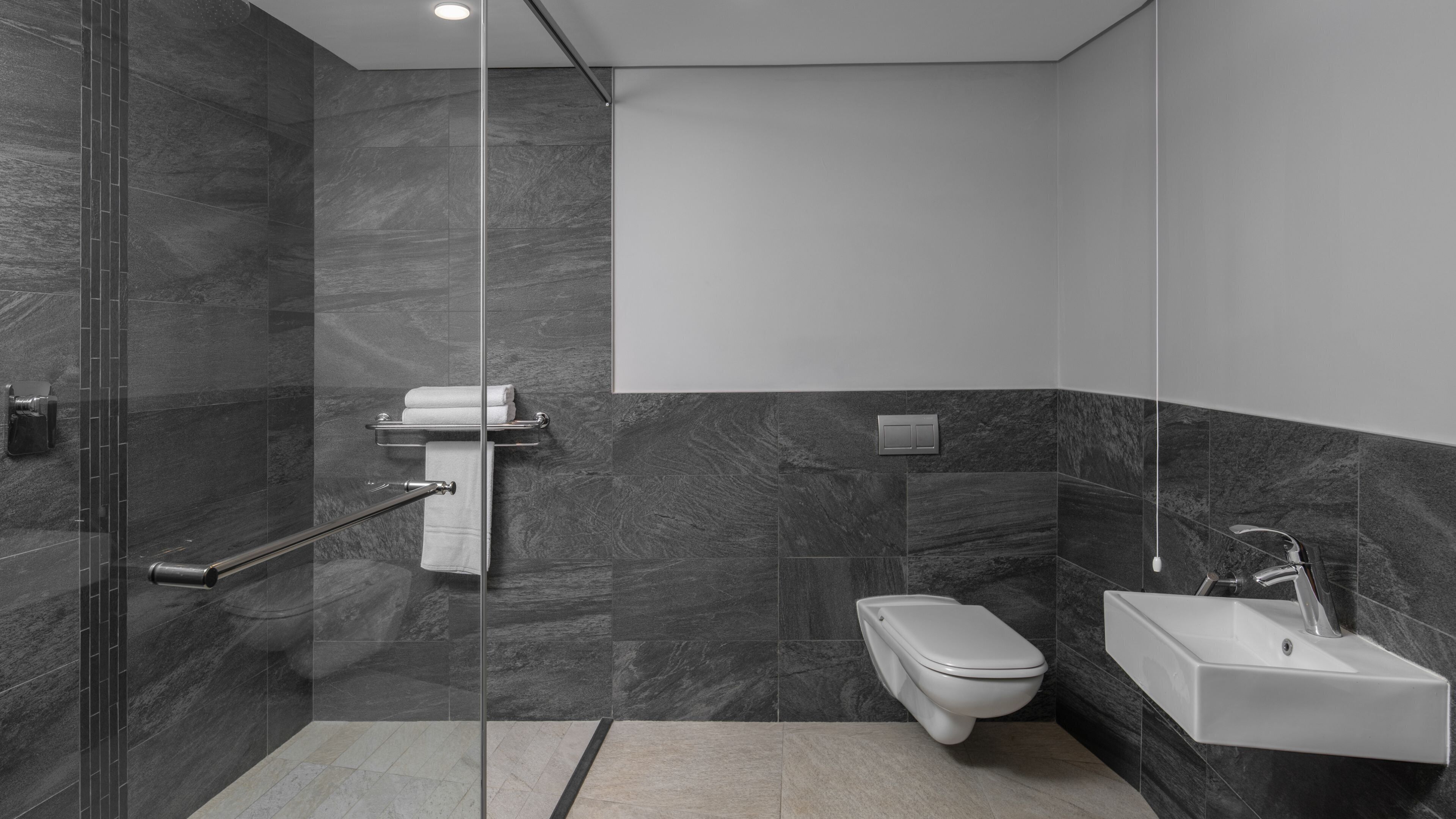A modern bathroom with a glass shower enclosure, a toilet, and a sink.