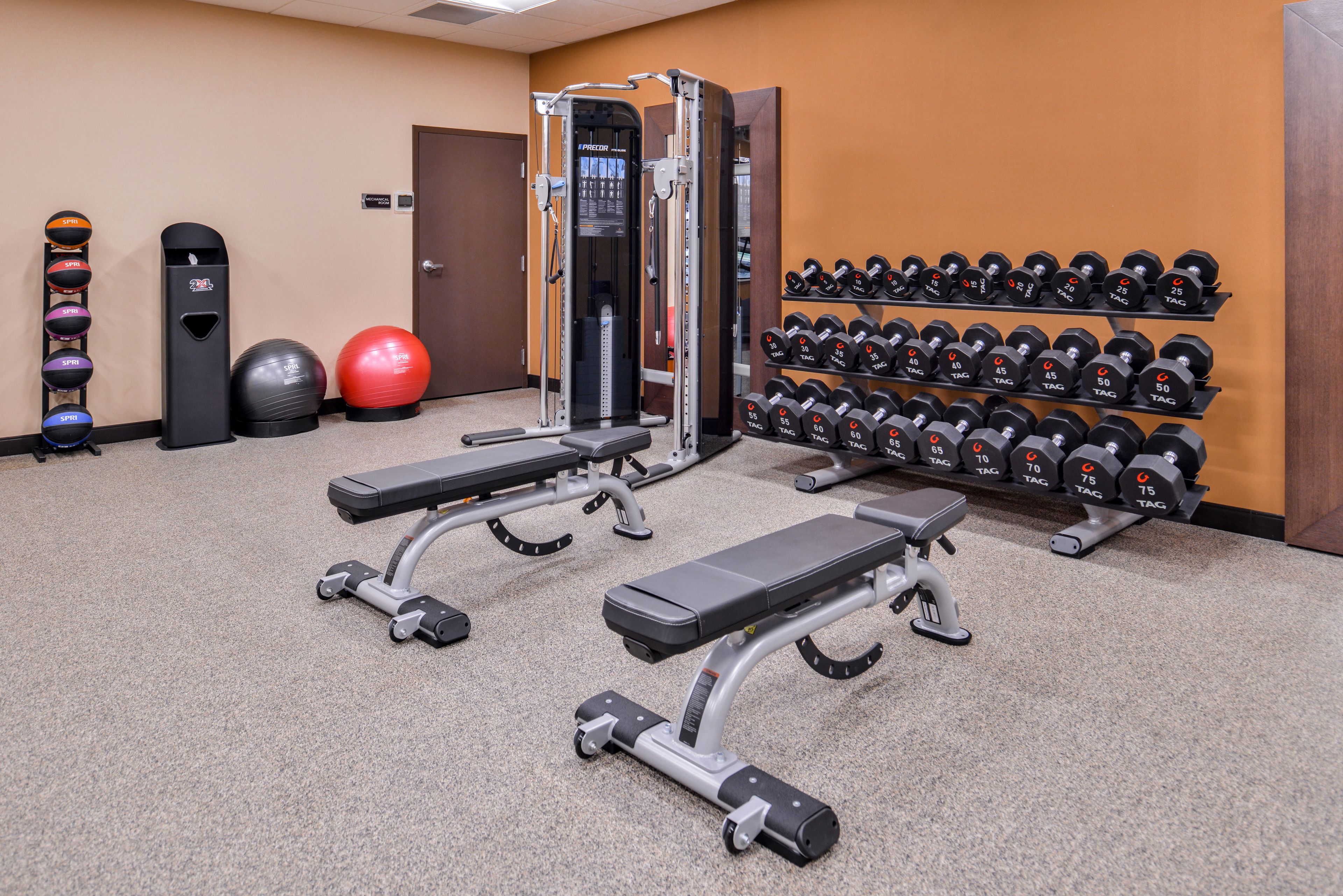A gym with weightlifting equipment, dumbbells, and exercise balls.