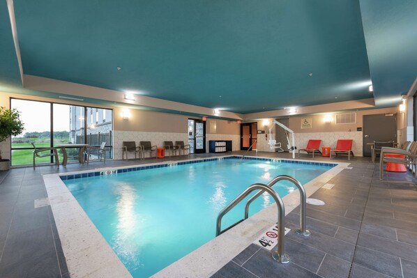 Indoor pool, open 9:00 AM to 10:00 PM, sun loungers