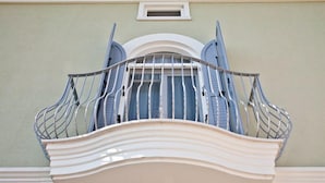 A balcony with a white balustrade and a metal railing. - Villa Pepoli (Occhiobello)