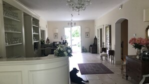 A spacious living room with a chandelier, a dog lying on the floor, and a view of the outdoors through an open door. - Villa Pepoli (Occhiobello)