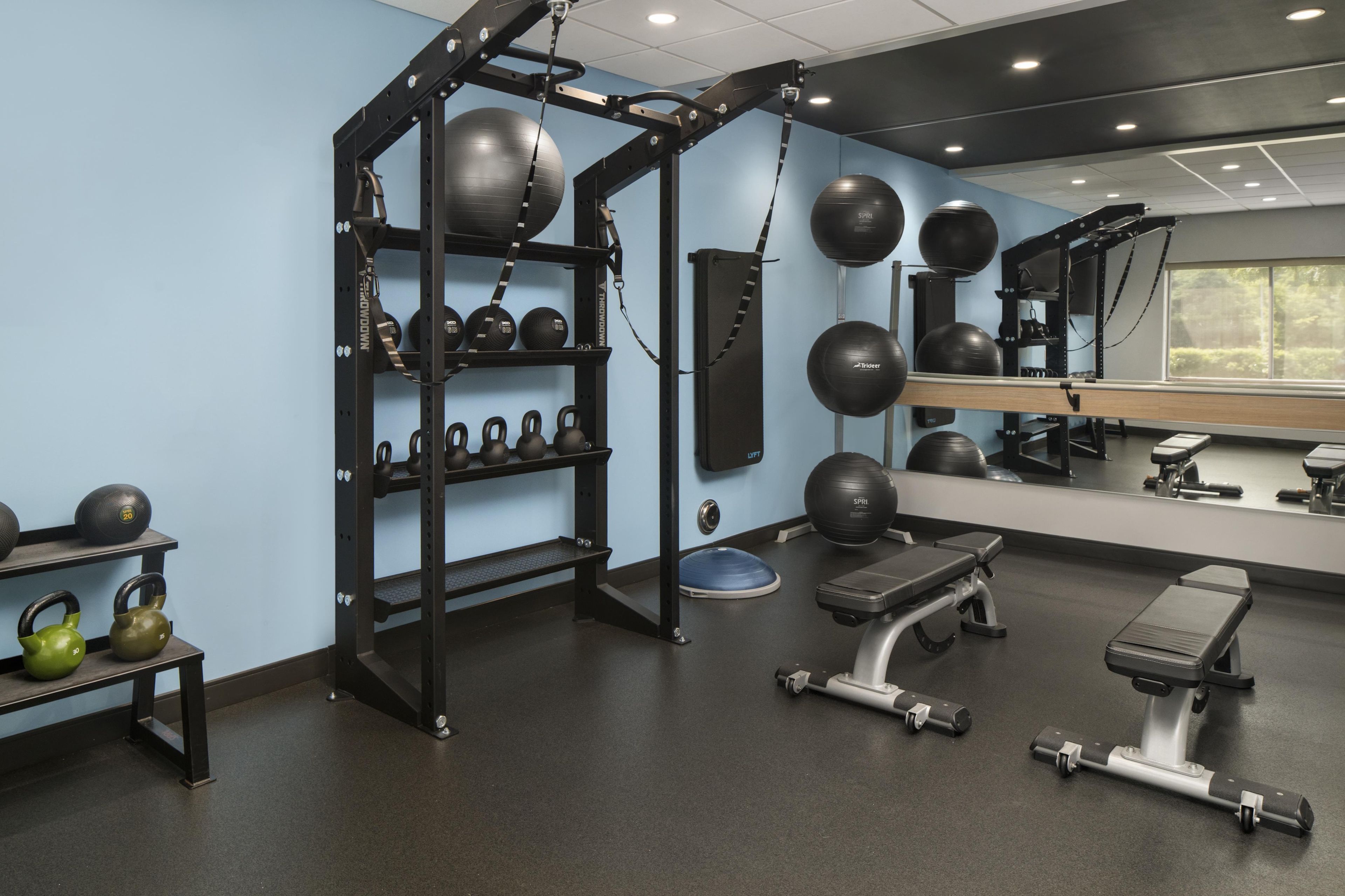 Un gimnasio con una estructura para sentadillas, mancuernas kettlebell, balones medicinales y una banca.