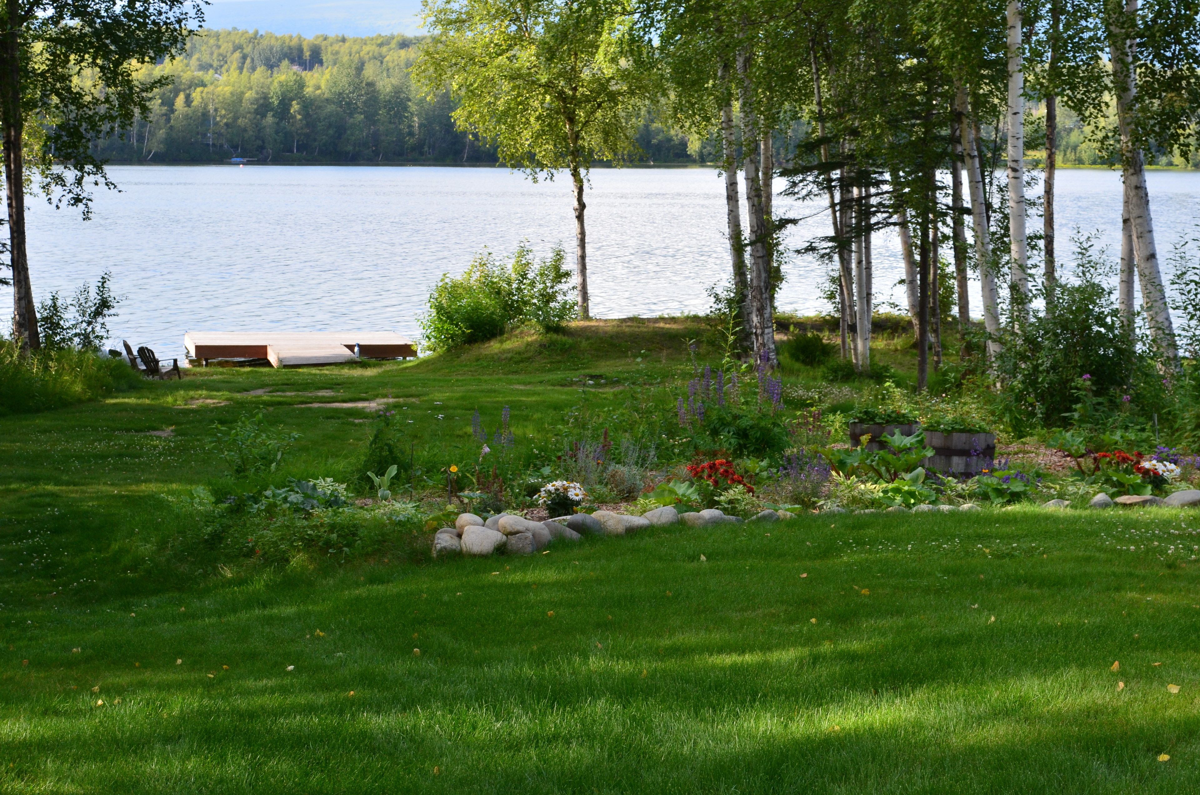 A lakeside garden with a bench, a small dock, and a variety of plants and flowers.