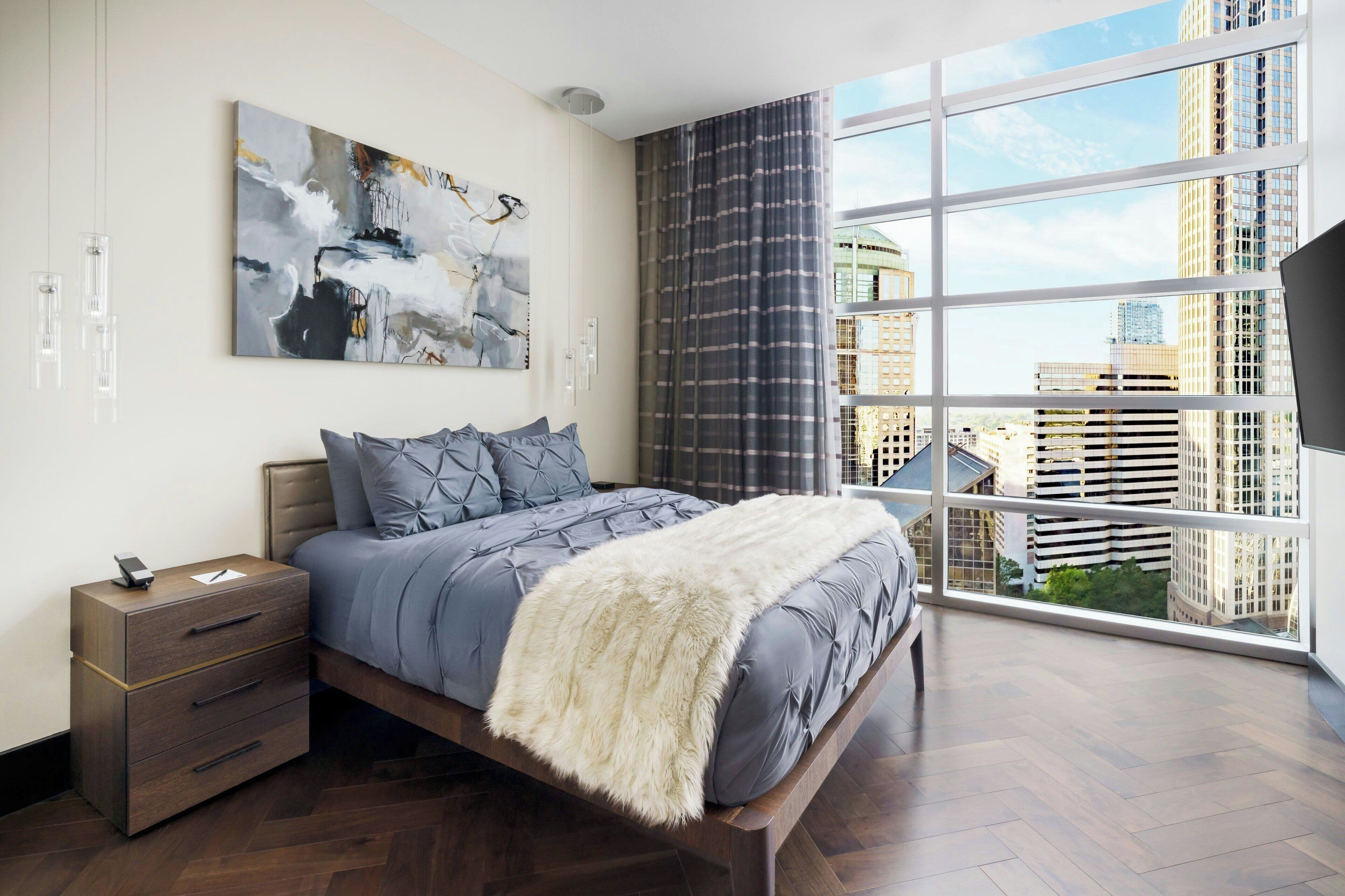 desk, laptop workspace, blackout curtains, iron/ironing board