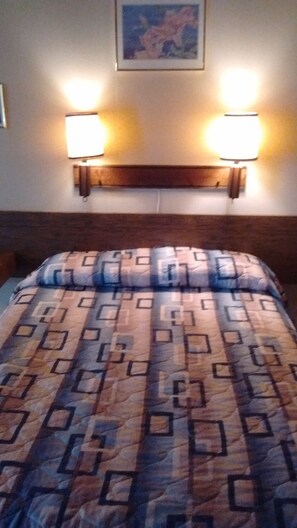 A bed with a patterned bedspread, two wall-mounted lamps, and a framed picture on the wall.