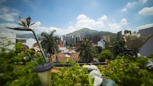 Un paisaje urbano con edificios, una montaña y cielo despejado.