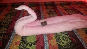 Een bed met een roze handdoek in de vorm van een zwaan, een decoratief kussen en een bed met dessin.