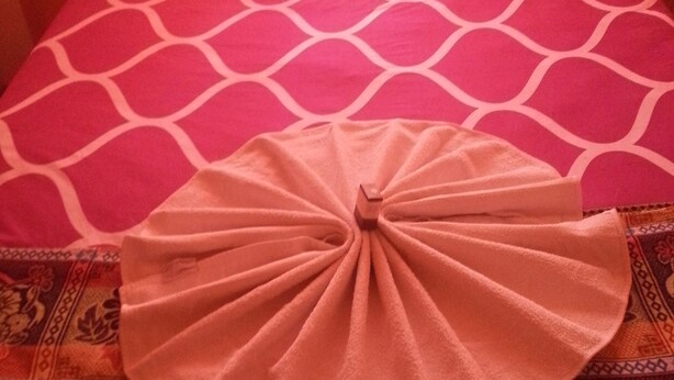 Een bed met een beddeken met dessin en een decoratief kussen.