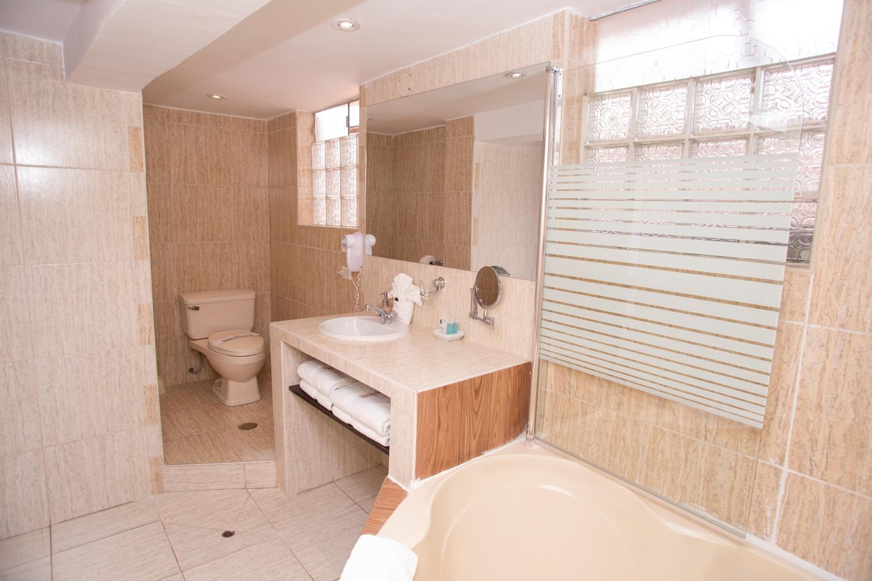 free toiletries, hair dryer, towels