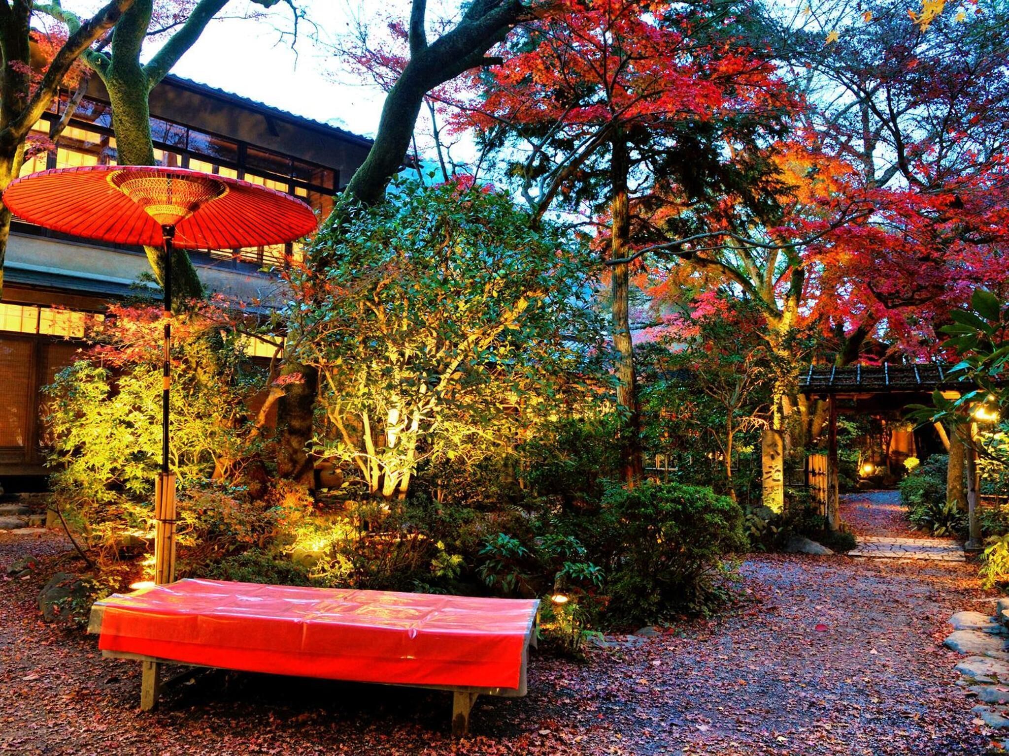 A traditional Japanese garden with a wooden bench, a red umbrella, and a stone pathway.