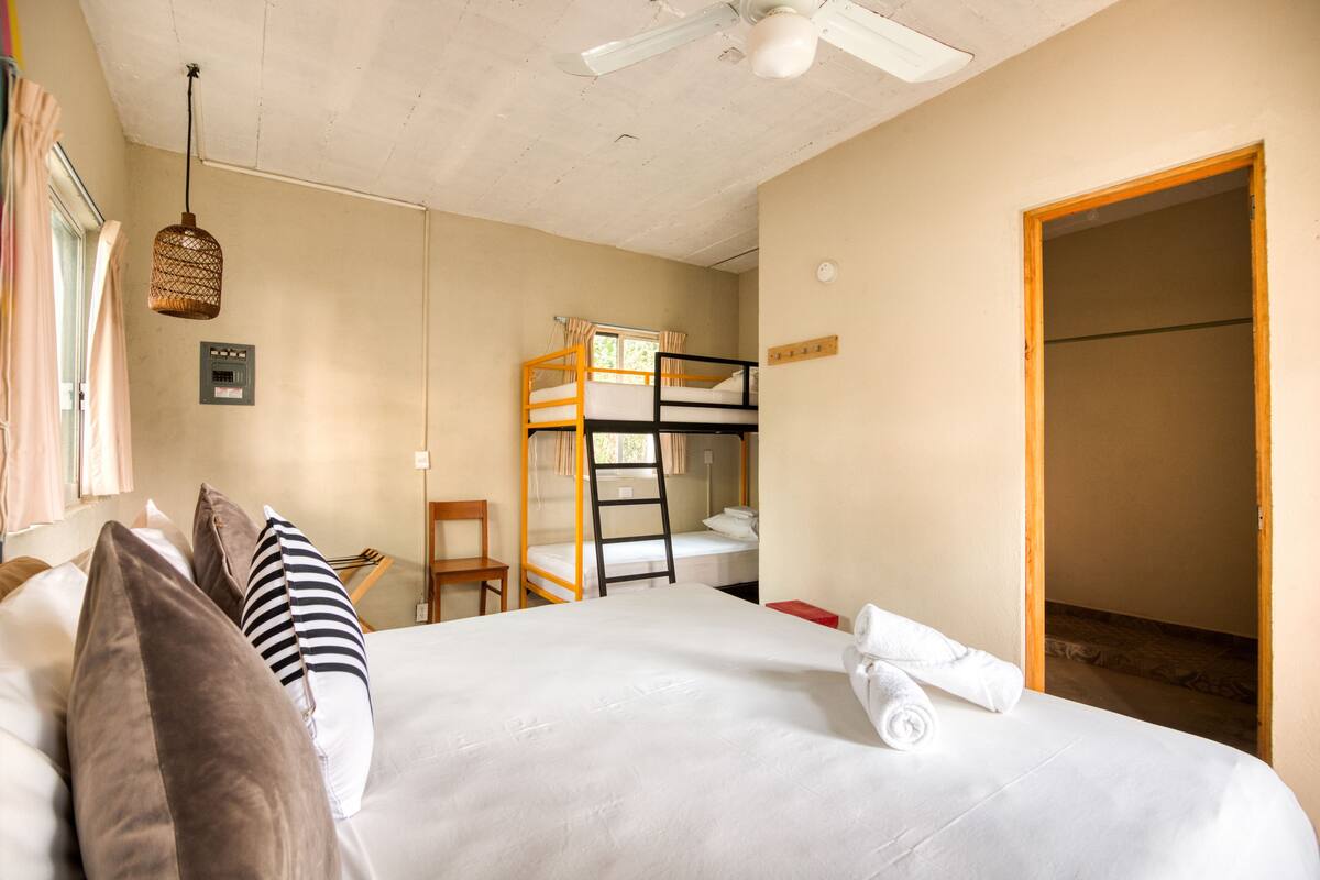 Una habitación de hotel con una cama grande, literas, un escritorio y un armario.