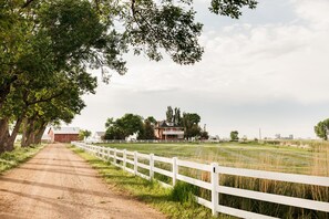 A rural road with a white fence, a barn, and a house in the distance. - COUNTRY FARMHOUSE- The Country Feel With City Access (Eaton)