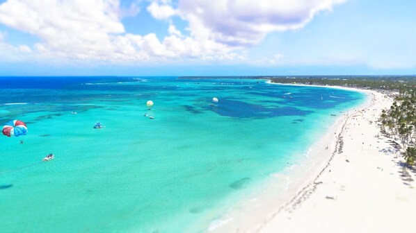 Vue aérienne d’une plage aux eaux turquoise et limpides, bordée d’un rivage sablonneux et d’une rangée de palmiers.