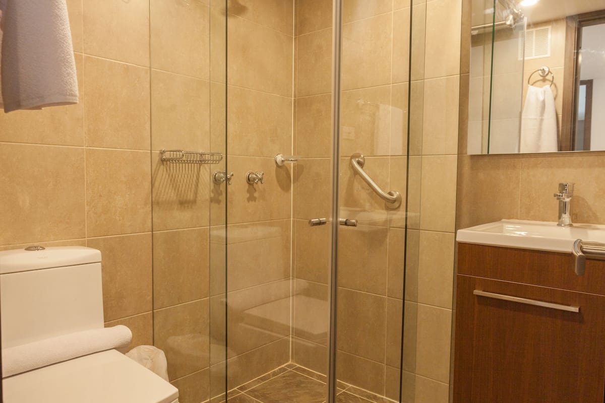 shower, free toiletries, towels