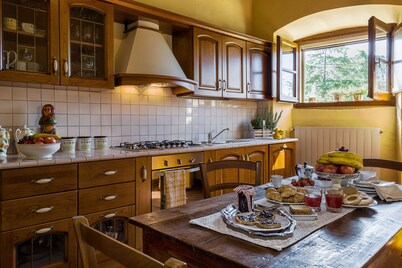 Large stone manor with 8BR and 7BA, extended grounds, large fully-equipped pool.