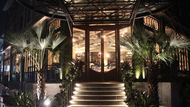A staircase leading to a building entrance, flanked by large potted plants and illuminated by overhead lights. - Hotel Monopoli (Jakarta)