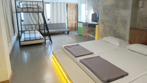 Una habitación con literas, un sofá, un escritorio con silla y una televisión.
