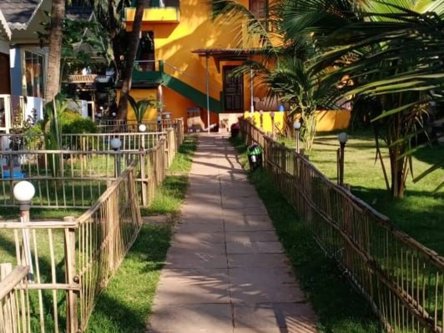 Un camino conduce a un edificio de fachada amarilla, rodeado de palmeras y una zona vallada.
